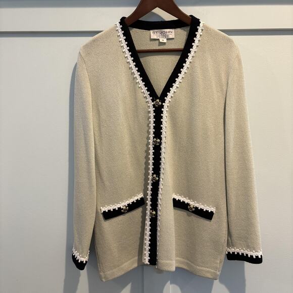 Vtg St John Cardigan 8 Green Black Pearl Trim Lady Jacket Santana Marie Gray USA - Picture 2 of 16